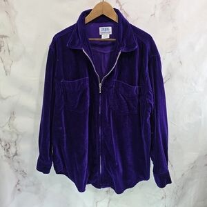 Vintage Shirt Jacket Womens 2X Purple 90s Velvet Velour Shacket Streetwear Zip